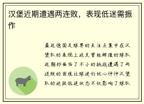 汉堡近期遭遇两连败，表现低迷需振作